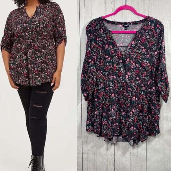 torrid Tops - Torrid Babydoll Floral Challis Zip V Neck Tunic Top Blouse
